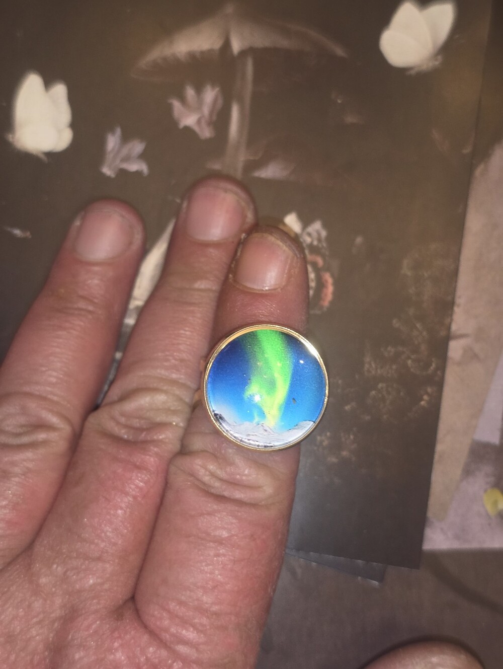 Northern Lights Display Glass Cabochon In Gold Tone Bezel Frame, Adjustable Ring